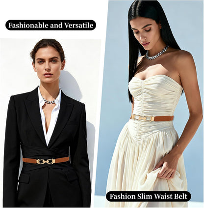 HOTWomen Stretchy Waist Belt, 70cm L Fit 27"-33" Waist 2.5cm W, Retro Elastic Gold Buckle for Ladies Dresses, 2 Pack