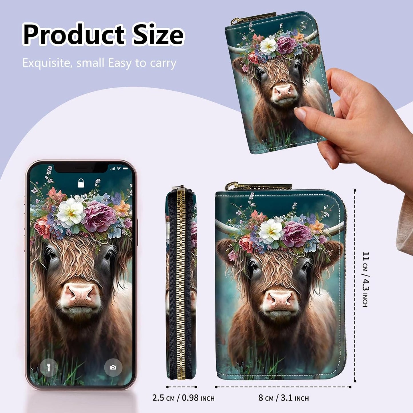 HOTCredit Card Holder for Women,Zipper 14-Slot RFID Blocking Wallet,Small Slim Cute Leather Compact Accordion Case,Business Card Holder Case,Organizer Gifts for Ladies,Cute Highland Cow