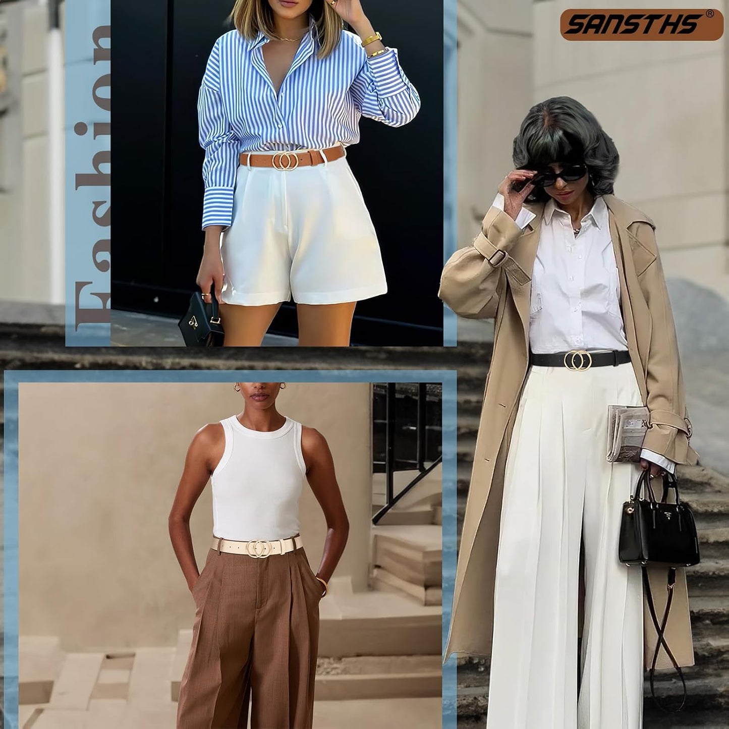 HOTSANSTHS 3 Pack Women Waist Belts for Jeans Pants Dresses, Ladies Belt with Double O-Ring Gold Buckle