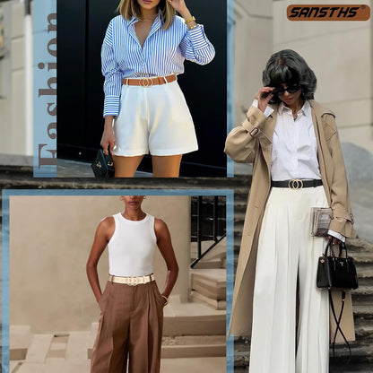 HOTSANSTHS 3 Pack Women Waist Belts for Jeans Pants Dresses, Ladies Belt with Double O-Ring Gold Buckle