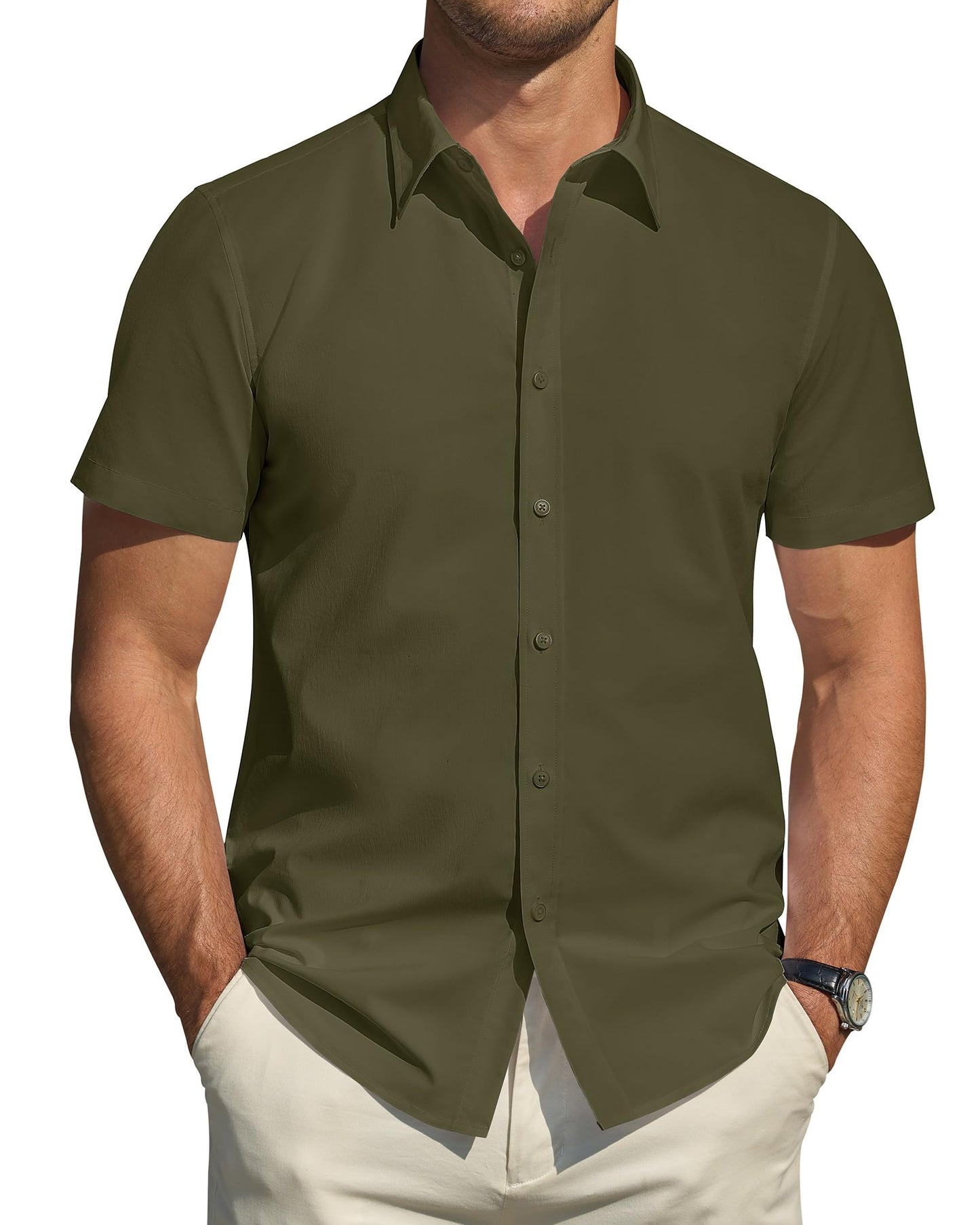 HOTJ.VER Men's Short Sleeve Dress Shirts Stretch Stain Shield Casual Button Down Shirts Solid Formal Shirt