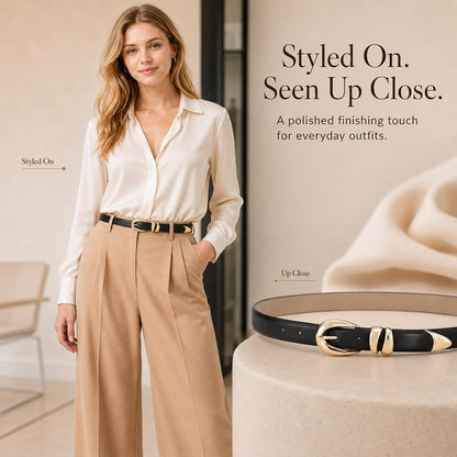 HOTRISANTRY Leather Belt for Women Stylish Design with Gold Buckle Ladies Black Belt Perfect for Jeans Dresses