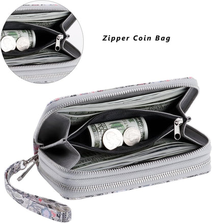 HOTDouble Zipper Wallet for Woman Clutch Purse with Cell Phone Holder for Smartphone/Card/Coin/Cash