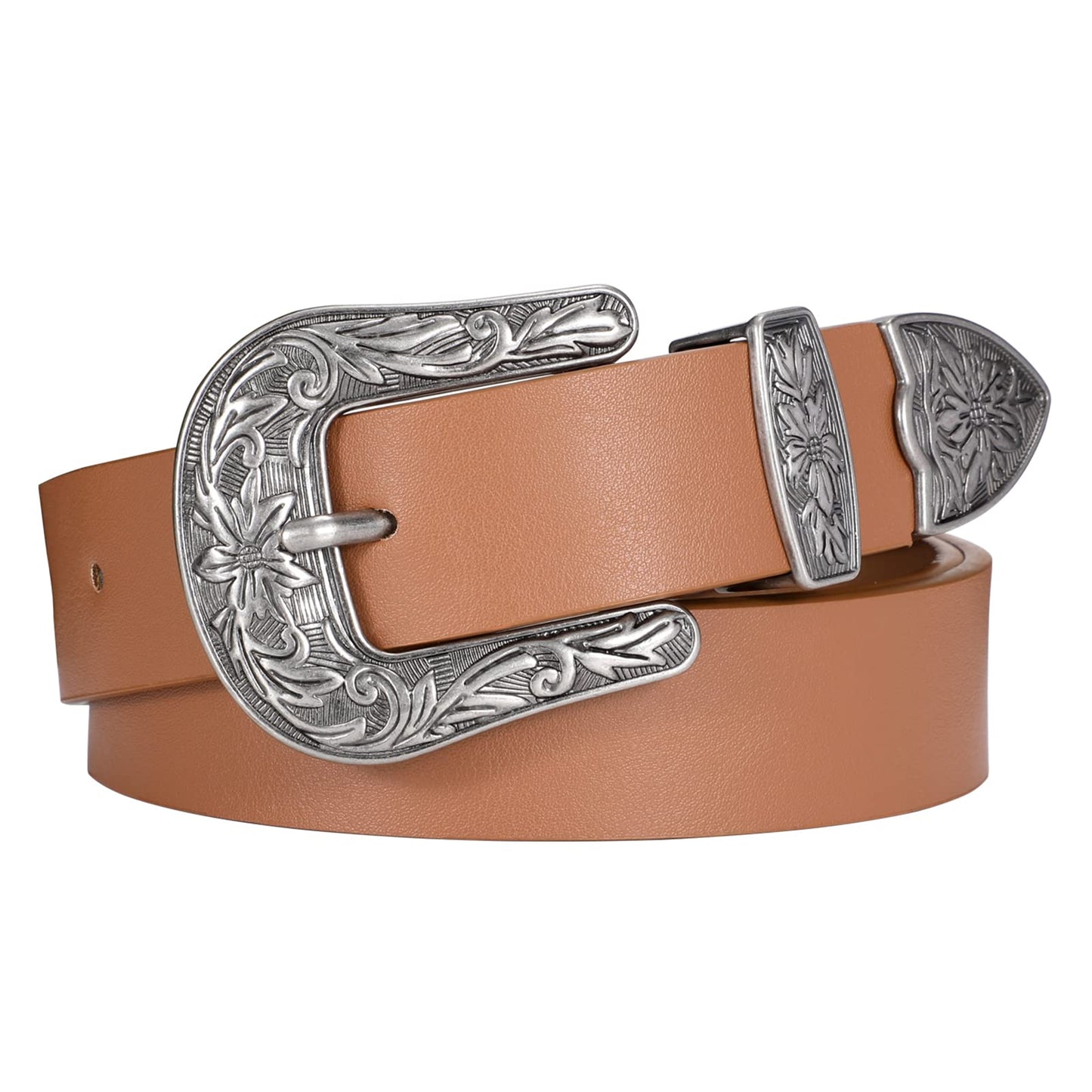 HOTJASGOOD Women Leather Belts Ladies Vintage Western Design Black Waist Belt for Pants Jeans Dresses