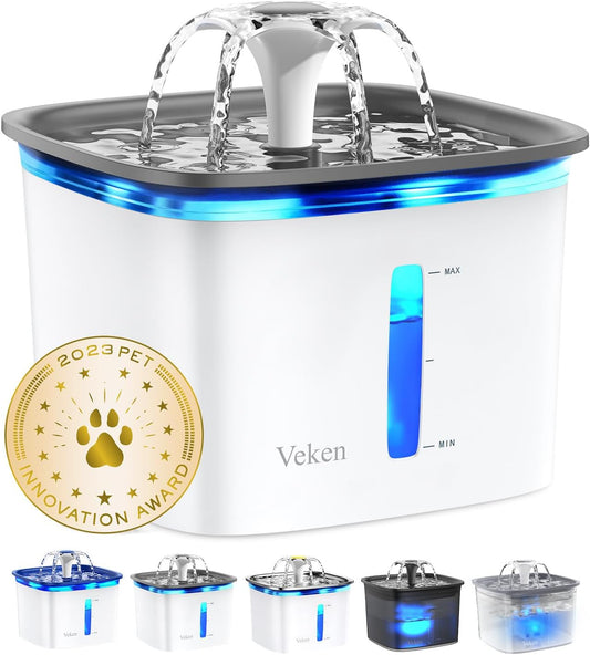 HOTVeken Innovation Award Winner 95oz/2.8L Pet Fountain, Automatic Cat Water Fountain Dog Water Dispenser with Replacement Filters for Cats, Dogs, Multiple Pets (Grey, Plastic)