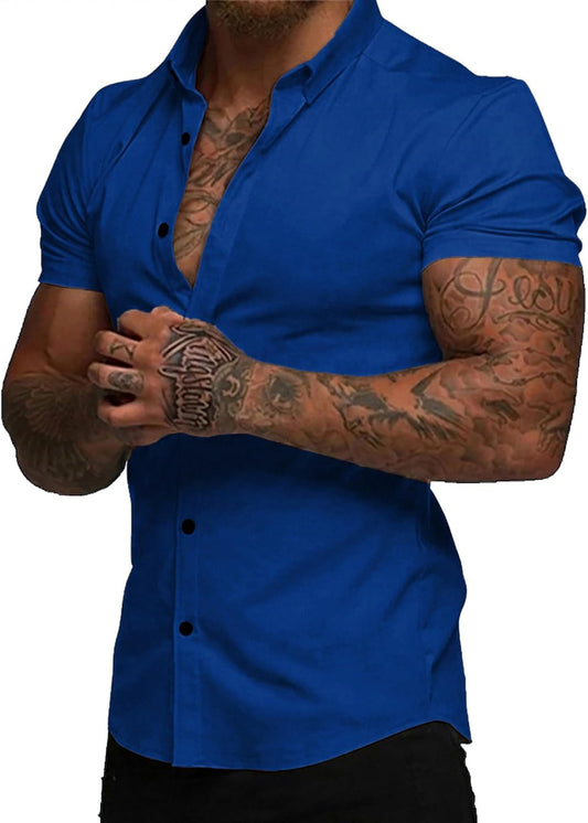 HOTJMIERR Men's Muscle Fit High Stretch Wrinkle-Free Button Down Dress Shirts Summer Casual Short Sleeve Shirt