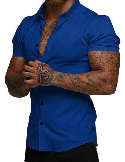 HOTJMIERR Men's Muscle Fit High Stretch Wrinkle-Free Button Down Dress Shirts Summer Casual Short Sleeve Shirt