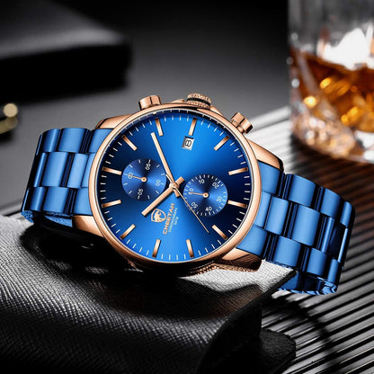 HOTGOLDEN HOUR Fashion Business Mens Watches with Stainless Steel Waterproof Chronograph Quartz Watch for Men, Auto Date