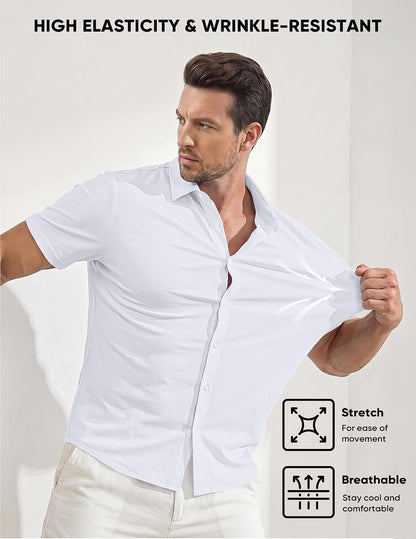 HOTJMIERR Men's Muscle Fit High Stretch Wrinkle-Free Button Down Dress Shirts Summer Casual Short Sleeve Shirt
