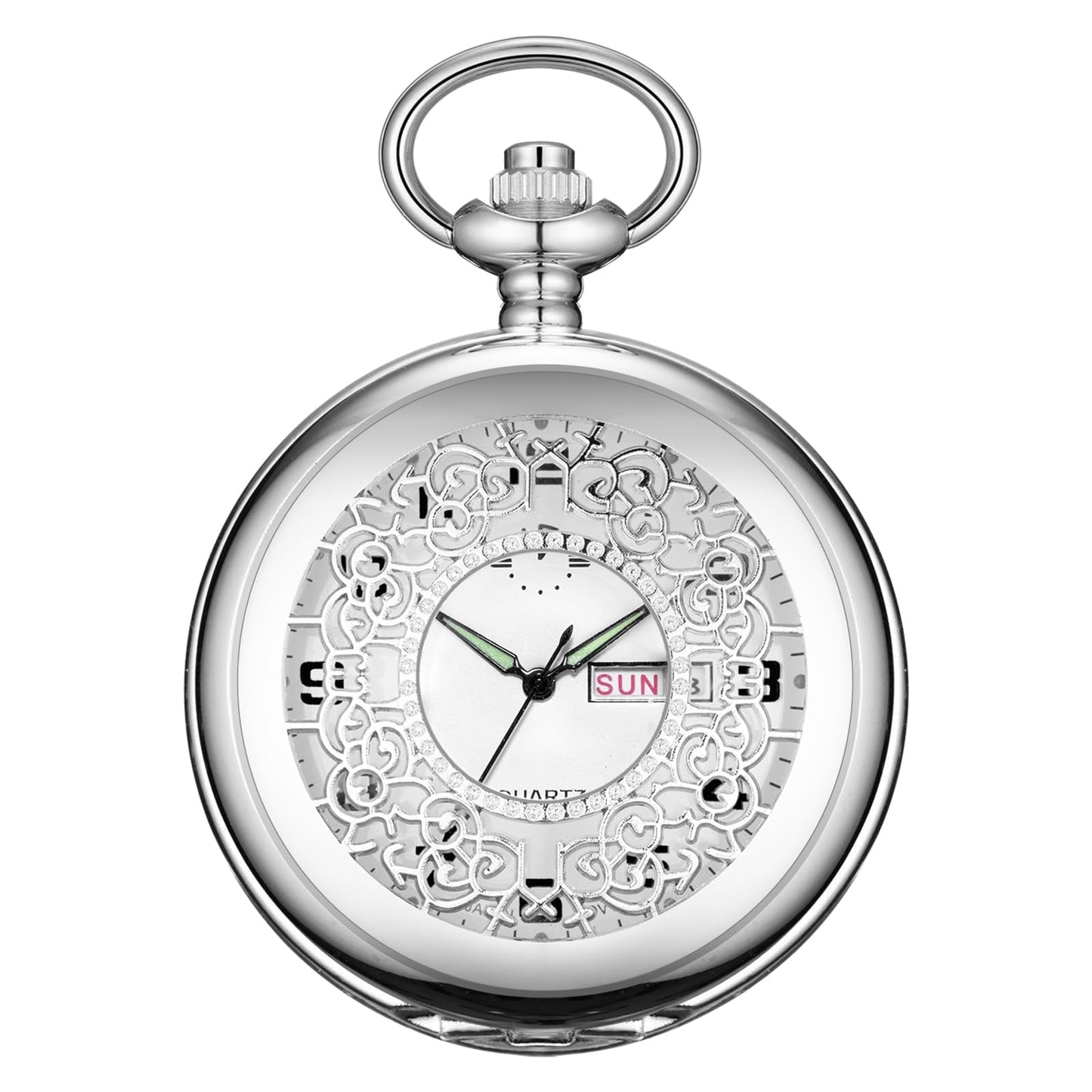 HOTBOSHIYA Smooth Quartz Pocket Watches for Men Classic Arabic Digital Luminous Dial & Day Date Pocket Watch with Chain Christmas Graduation Birthday Gifts