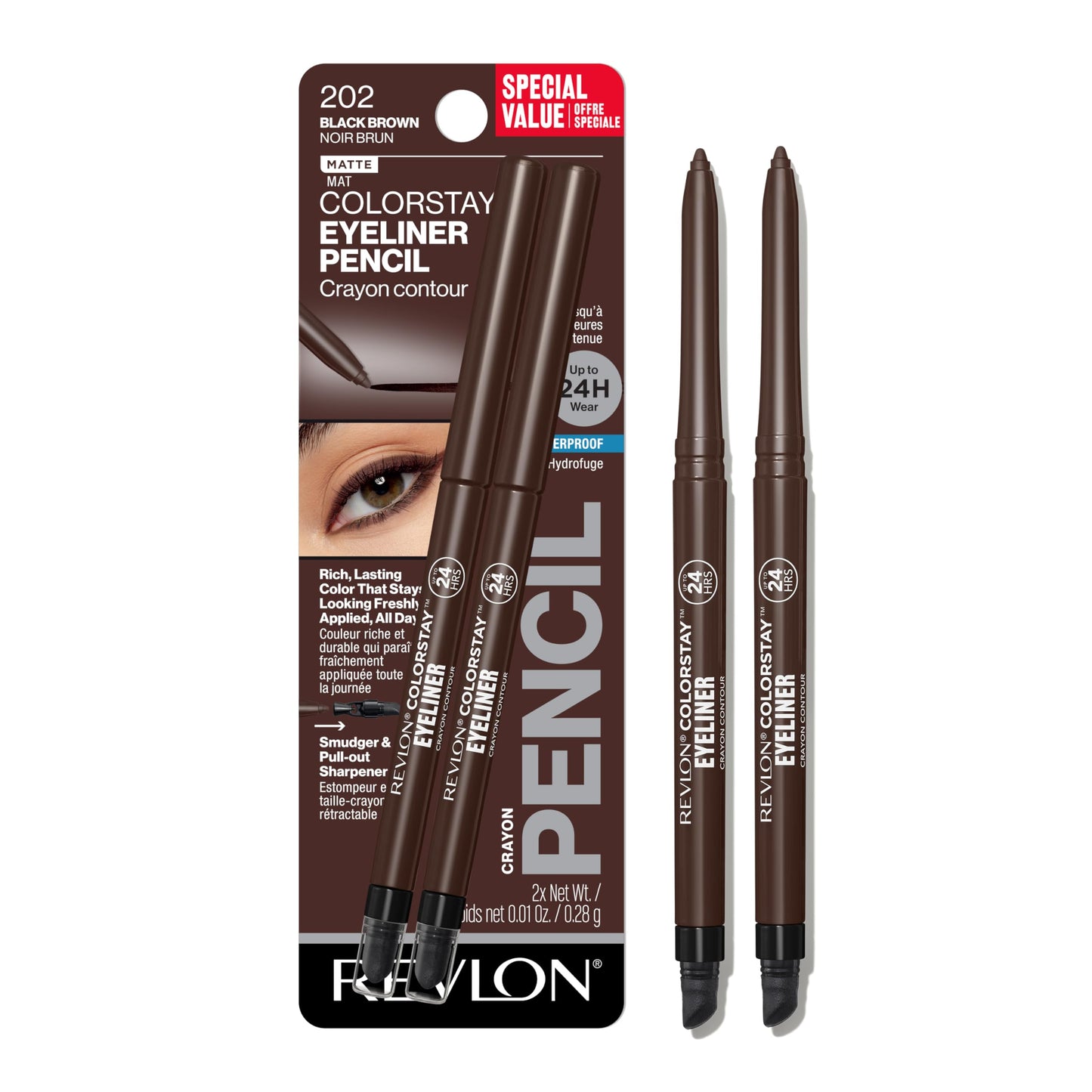 HOTRevlon ColorStay Pencil Waterproof Eyeliner, Smudge-Proof, Eye Makeup with Built-In Sharpener, Long-Lasting, Matte Finish, 201 Black, 2 pack
