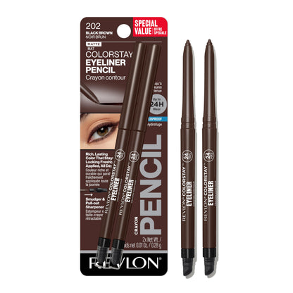 HOTRevlon ColorStay Pencil Waterproof Eyeliner, Smudge-Proof, Eye Makeup with Built-In Sharpener, Long-Lasting, Matte Finish, 201 Black, 2 pack
