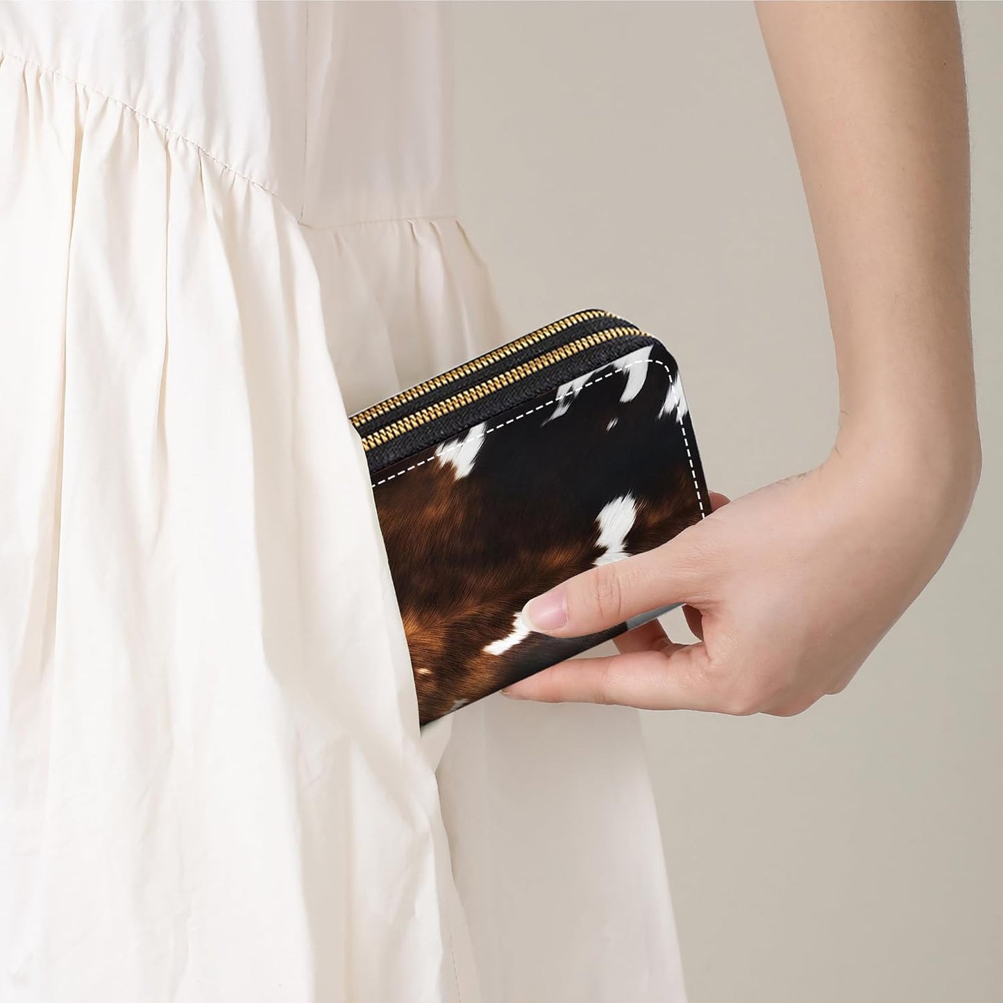 HOTBrown Cow Print Women's Large Capacity Wallet PU Leather Double Zipper Clutch Purse for Cash/Card/Coin/Smart Phone