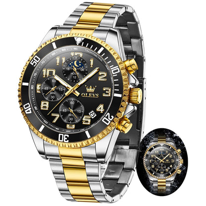 HOTOLEVS Mens Watches Chronograph Watch Luxury Dress Stainless Steel Waterproof Watches for Men Moon Phase Luminous Business Calendar Wrist Watch Blue/Black/Green/Gold/Face