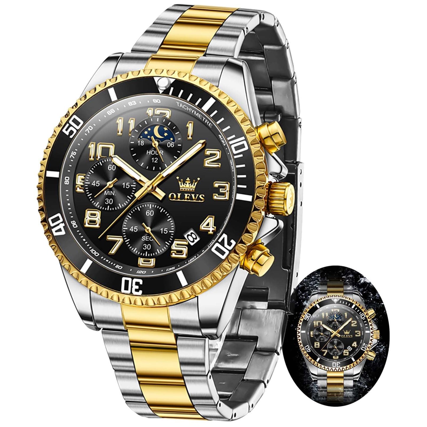 HOTOLEVS Mens Watches Chronograph Watch Luxury Dress Stainless Steel Waterproof Watches for Men Moon Phase Luminous Business Calendar Wrist Watch Blue/Black/Green/Gold/Face