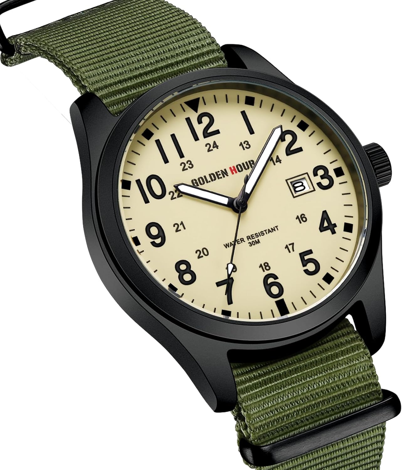 HOTGOLDEN HOUR Men's Nylon Slip-Thru Strap Watch with Military Time Easy Read Dial Glowing Hands