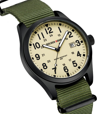 HOTGOLDEN HOUR Men's Nylon Slip-Thru Strap Watch with Military Time Easy Read Dial Glowing Hands