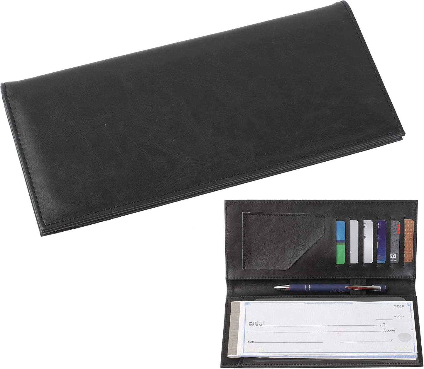 HOT2Fold Business Size and Travelers Check Large Checkbook Cover for Side and Top Tear Checks - Synthetic Leather Feel Check Book Cover with Built in Duplicate Check Sleeve and Pockets - Black