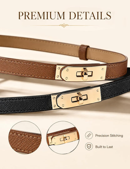 HOTBEMYLV Skinny Belts for Women Dresses Turn-Lock Gold Buckle Adjustable Fashion Waist Belt for Pants Jeans Business Casual