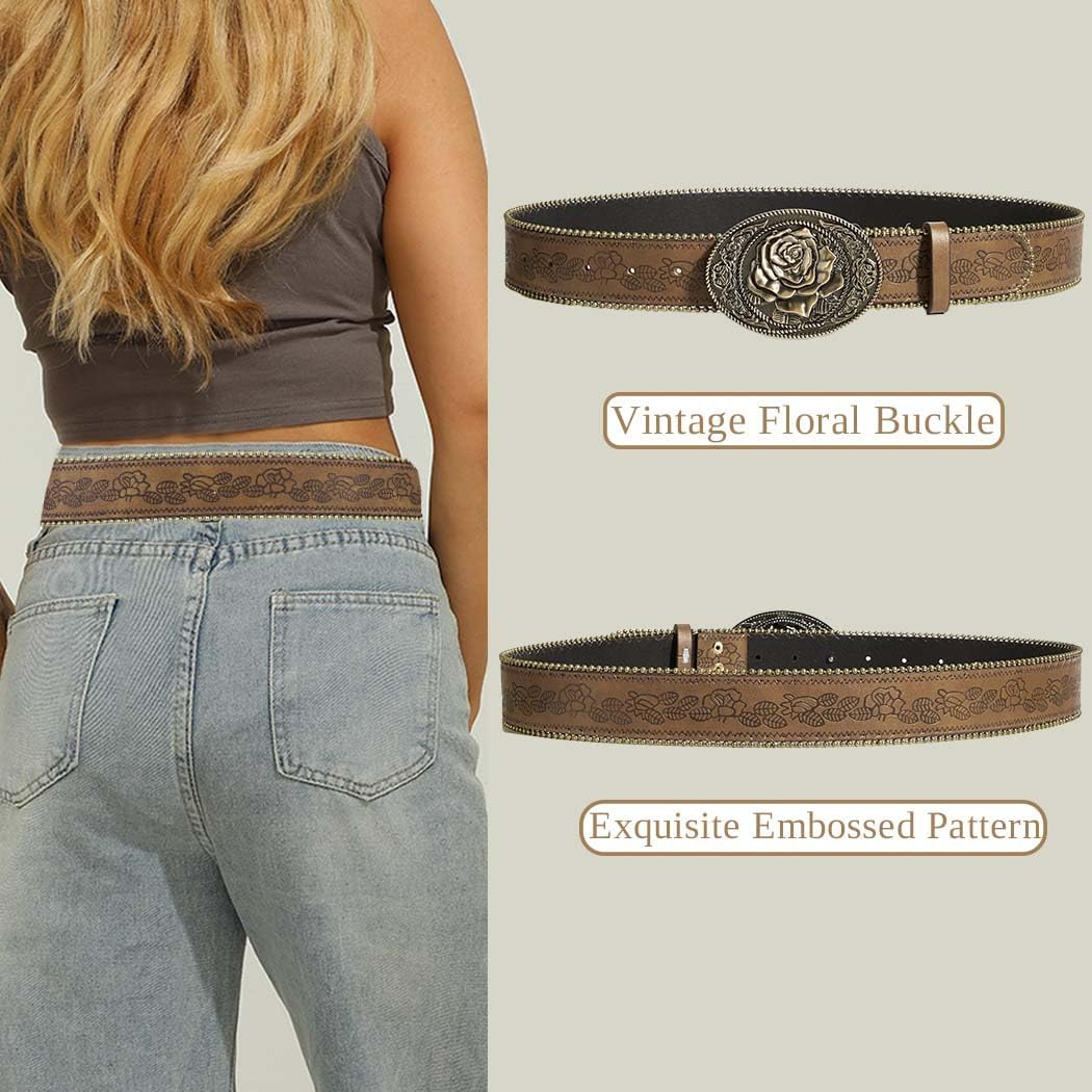 HOTWomen Western Belt with Heart Embossed Buckle Vintage Brown Belt for Jeans Pant Dress Cowgirl Cowboy Belts