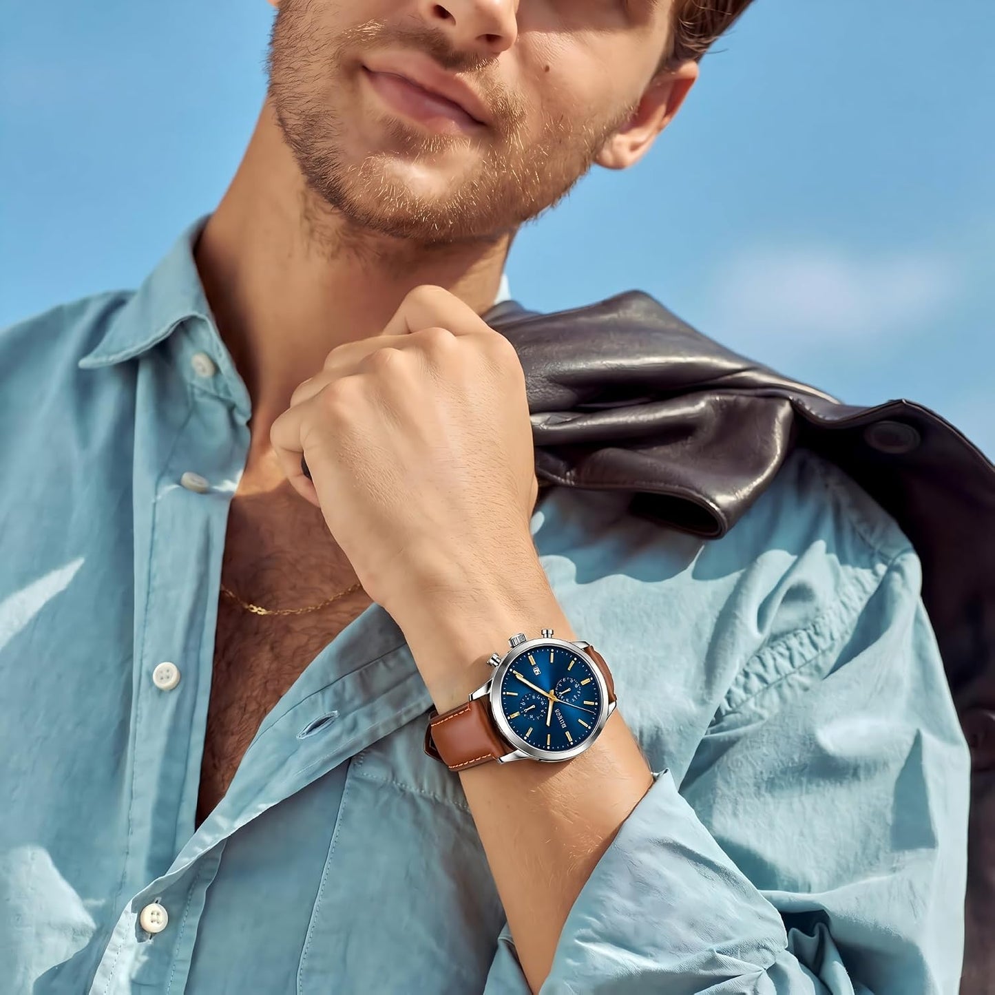 HOTBUREI Men's Leather Watches Chronograph Quartz Watches for Men Classic Cool Lightweight Wristwatch,Gift for Dad Husband Boyfriend