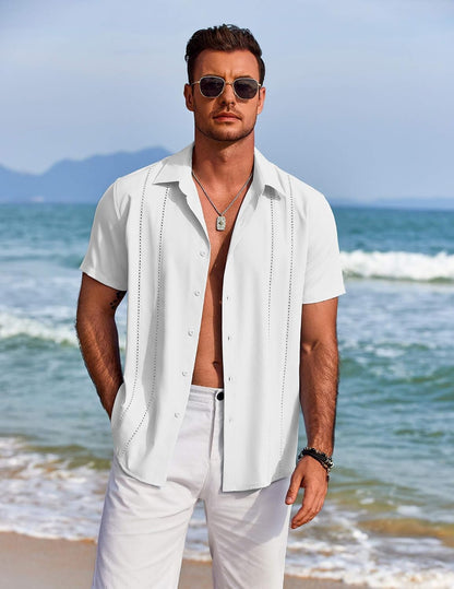 HOTCOOFANDY Mens Cuban Guayabera Shirt Short Sleeve Button Down Shirts Summer Beach Vacation Shirts