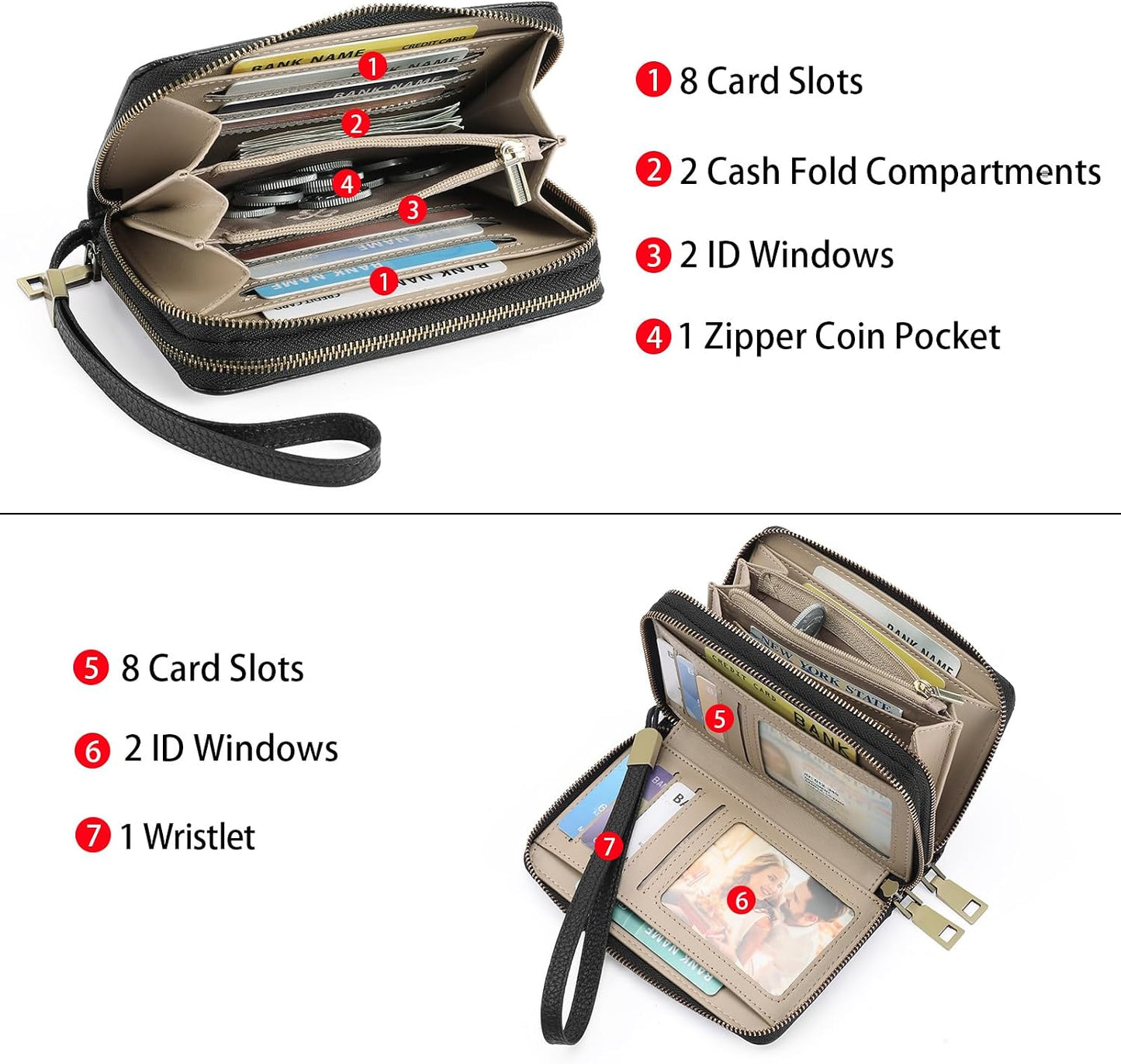 HOTGOIACII Women's Wallet Double Zip Around Credit Card Holder Ladies Wallet Rfid Blocking Wristlet Purse Medium Size Leather Black