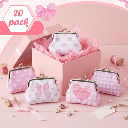 HOTRoowest 20 Pack Pink Bow Coin Purse Bulk Cute Clasp Kiss Lock Pouch Mini Wallet Party Favors for Girls Women Bachelorette Birthday Slumber Party Goodie Bag Stuffers Aesthetic Accessories