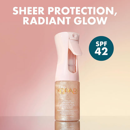 HOTKopari Rose Gold Sunglaze Sheer Body Mist Sunscreen SPF 42, Infused with Shimmering Body Oil, Hydrating Mist, Hydrates, Brightens, Makeup Friendly, Gives Skin a Glowy Finish, Lightweight,