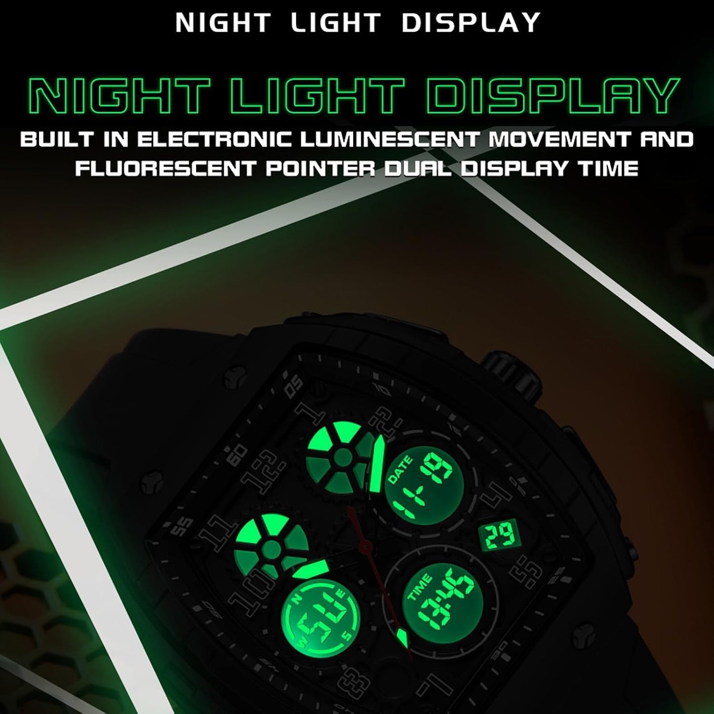HOTfindtime Watches for Men Relojes para Hombres Wristwatch with Digital Analog Dual Time Display Countdown Stopwatch Punk Cool Design 5ATM Waterproof Mens Watch | Reloj de Hombre Rectangle Design Digital Analog Dual Time Display Countdown Stopwatch Punk