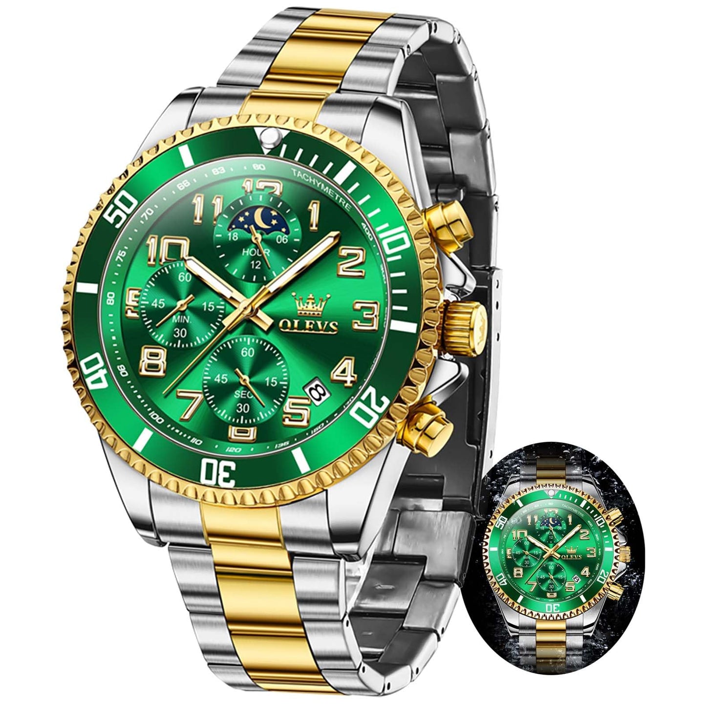 HOTOLEVS Mens Watches Chronograph Watch Luxury Dress Stainless Steel Waterproof Watches for Men Moon Phase Luminous Business Calendar Wrist Watch Blue/Black/Green/Gold/Face