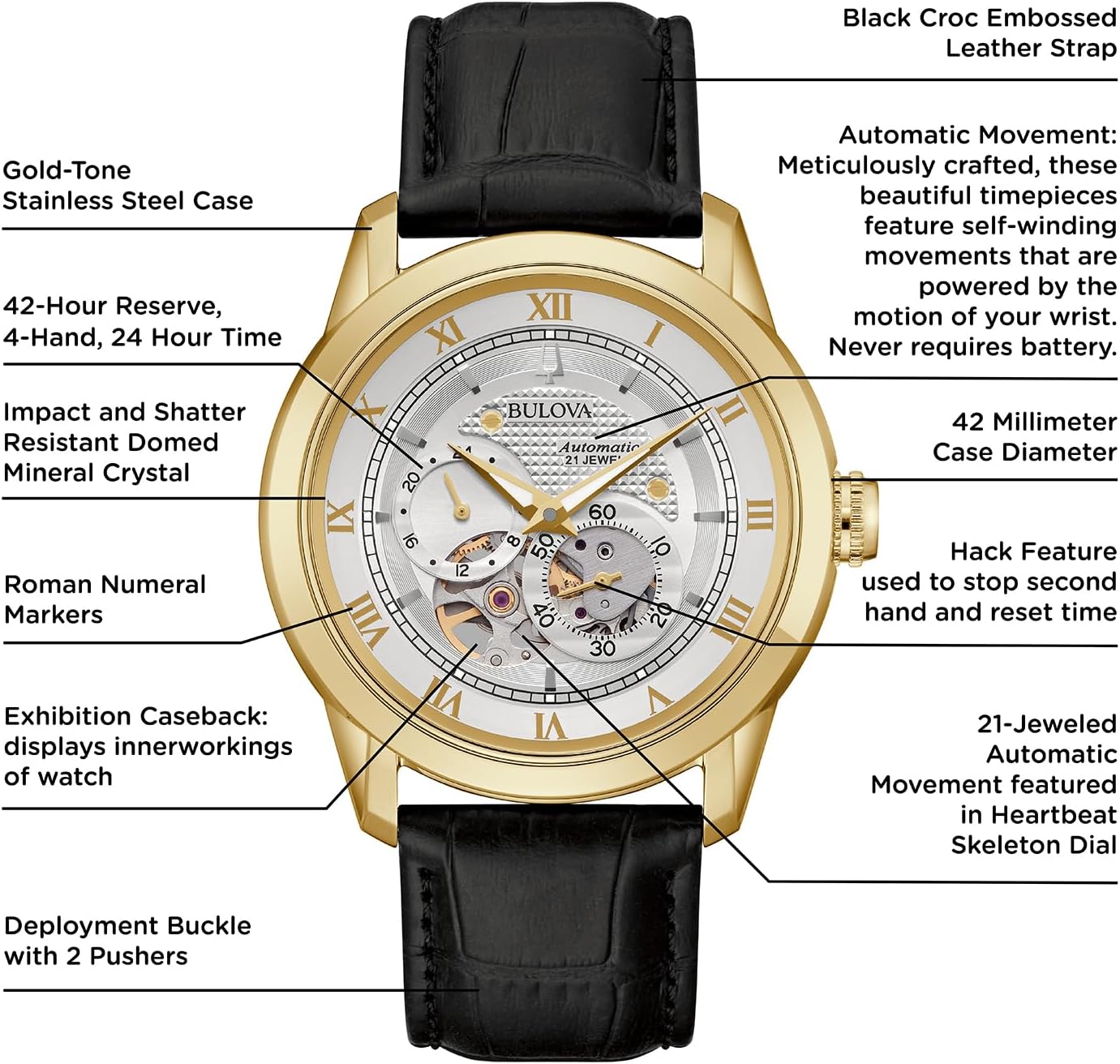 HOTBulova Men's Classic Sutton 4-Hand Automatic Watch, 24-Hour Sub Dial, Open Aperture, Self-Winding, Exhibition Caseback, Double Curved Mineral Crystal, Luminous Hands, 42mm