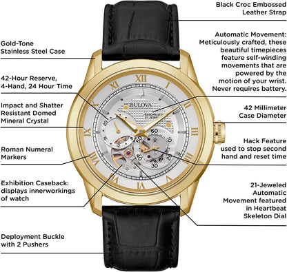 HOTBulova Men's Classic Sutton 4-Hand Automatic Watch, 24-Hour Sub Dial, Open Aperture, Self-Winding, Exhibition Caseback, Double Curved Mineral Crystal, Luminous Hands, 42mm