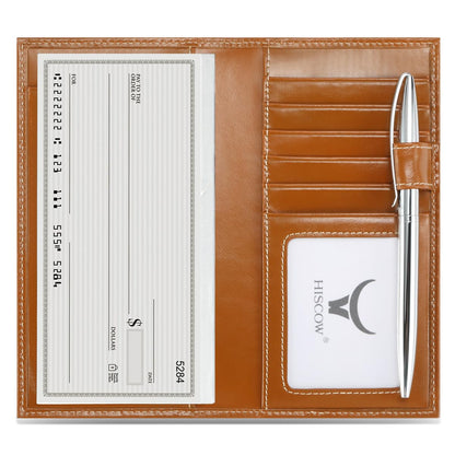 HOTHISCOW Leather Checkbook Cover with Card Slots & Pen Holder, Brown | Full grain cowhide, 5cc & ID window, personal check book & register pockets, removable duplicate divider, gifts for women men