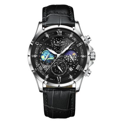 HOTLIGE Waterproof Watches for Men Analog Dress Water Proof Chronograph Work Casual Leather Water-Resistant Lunar Phase Display Quartz Wristwatch with Date & Luminous Men's Wrist Watch