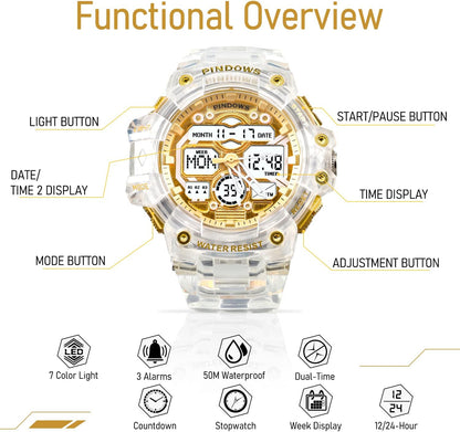 HOTPINIDOUS Mens Watch for Men Digital Sports Watch,7 Color LED Light Large Analog Digital Display Waterproof Watch with 3 Alarms/Countdown/Stopwatch/Dual Time Multi-Function Military Wrist Watches