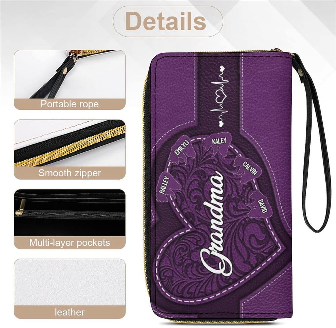 HOTPersonalized Mothers Day Large Capacity Women Long Wallet Custom Names Grandma's Little Bears Zipper Leather Wallet Print with Cute Animal Picture Sign Loving Gift for Mother Grandmother