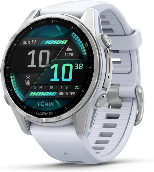 HOTGarmin fēnix® 8 – 43mm, AMOLED, Premium Multisport GPS Smartwatch, Long-Lasting Battery Life, Dive-Rated, Built-in LED Flashlight, Silver with Whitestone Band | Garmin Fēnix 8 43mm Amoled GPS Multisport Watch, 1.3 416×416, LED Flashlight, Dive-Rated 10