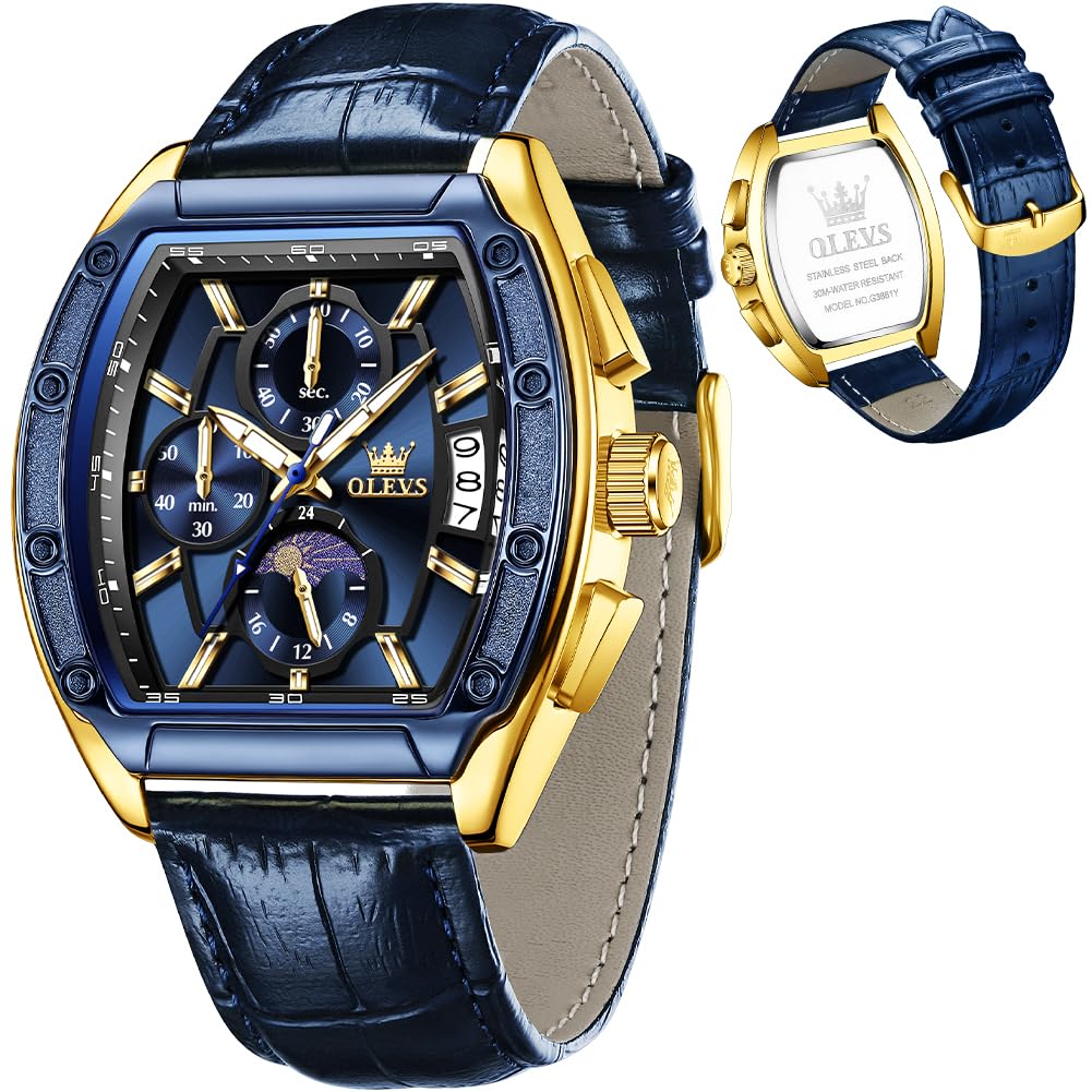 HOTOLEVS Mens Watches Analog Quartz Chronograph Square Dress Watch for Man Stainless Steel or Leather Band Waterproof Luminous Date Male Watch