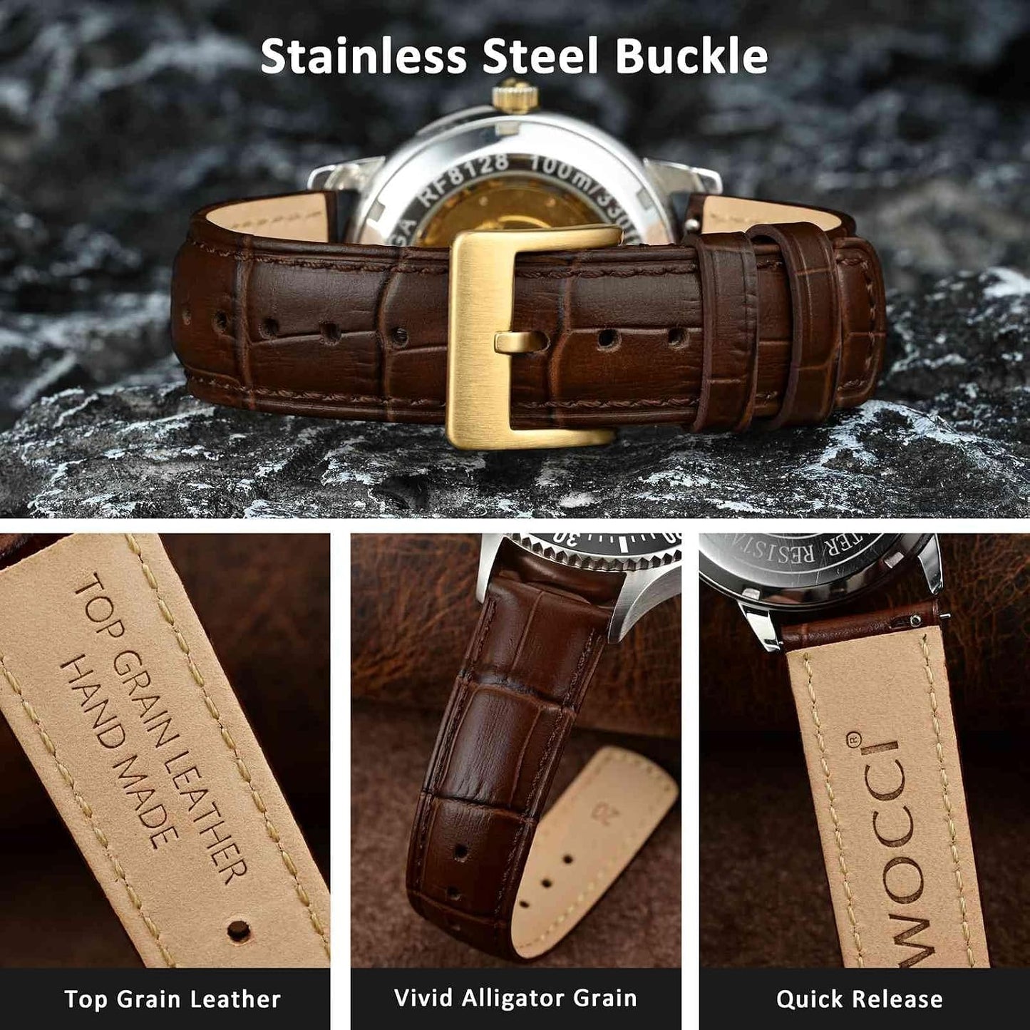 HOTWOCCI Watch Bands, Top Grain Leather, Embossed Alligator Grain, Quick Release, Band Width 18mm 20mm 22mm