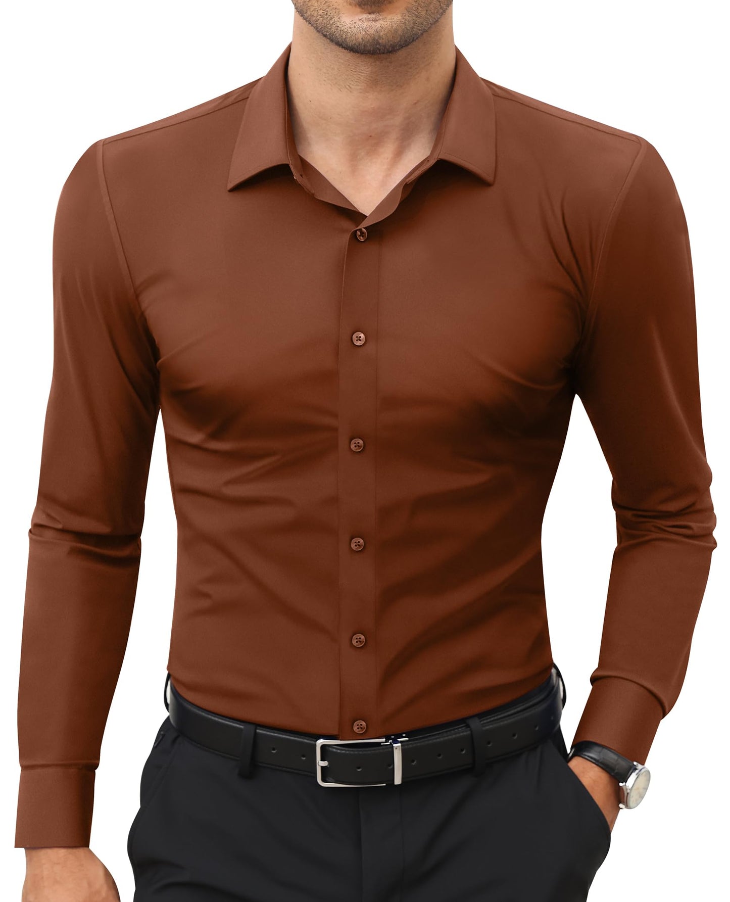 HOTLion Nardo Stretch Mens Dress Shirts Long Sleeve Slim Fit Dress Shirts for Men Muscle Fit Wrinkle Free Button Down Shirt