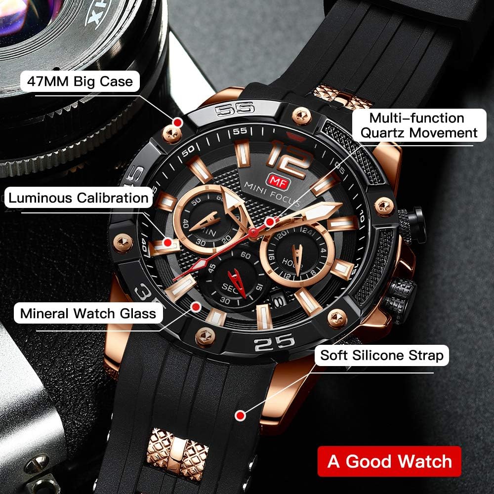 HOTMF MINI FOCUS Men Watches Unique Casual Wrist Watches (Chronograph/Waterproof/Luminous/Calendar/24 Hours) Silicon Band Fashion Watches for Men