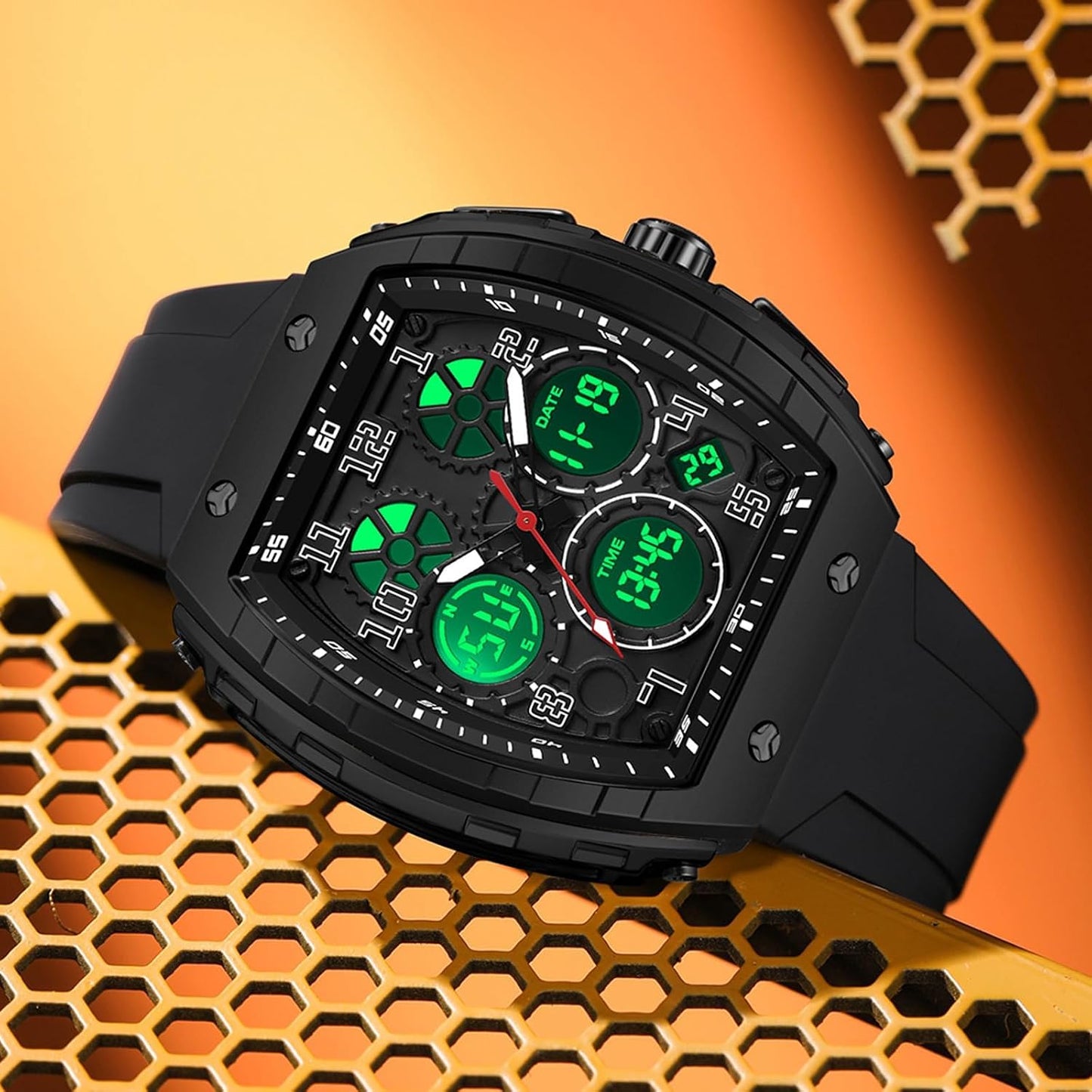HOTfindtime Watches for Men Relojes para Hombres Wristwatch with Digital Analog Dual Time Display Countdown Stopwatch Punk Cool Design 5ATM Waterproof Mens Watch | Reloj de Hombre Rectangle Design Digital Analog Dual Time Display Countdown Stopwatch Punk