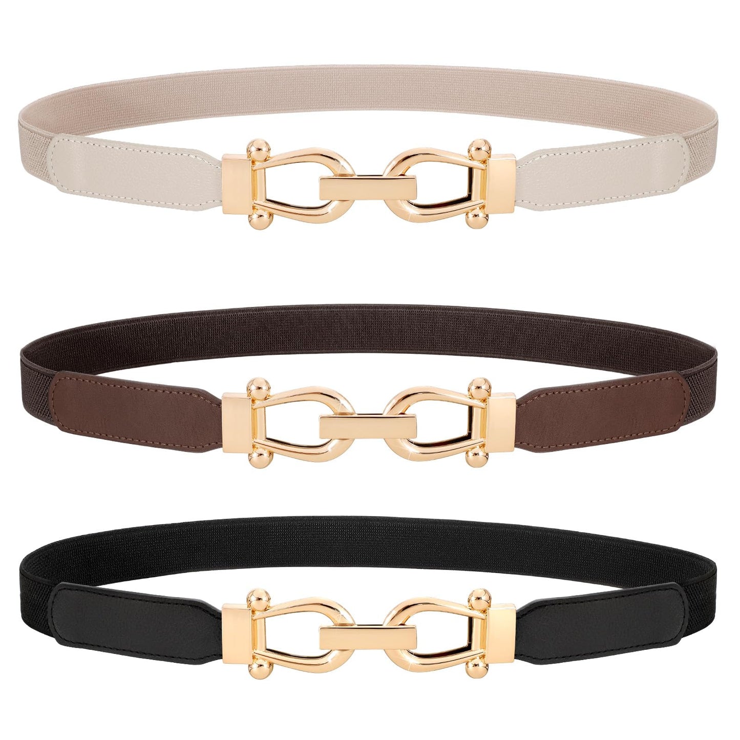 HOTWERFORU 3 Pack Women Skinny Elastic Waist Belt Gold Buckle Stretchy Thin Belt for Jeans Dress