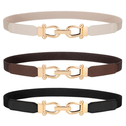 HOTWERFORU 3 Pack Women Skinny Elastic Waist Belt Gold Buckle Stretchy Thin Belt for Jeans Dress