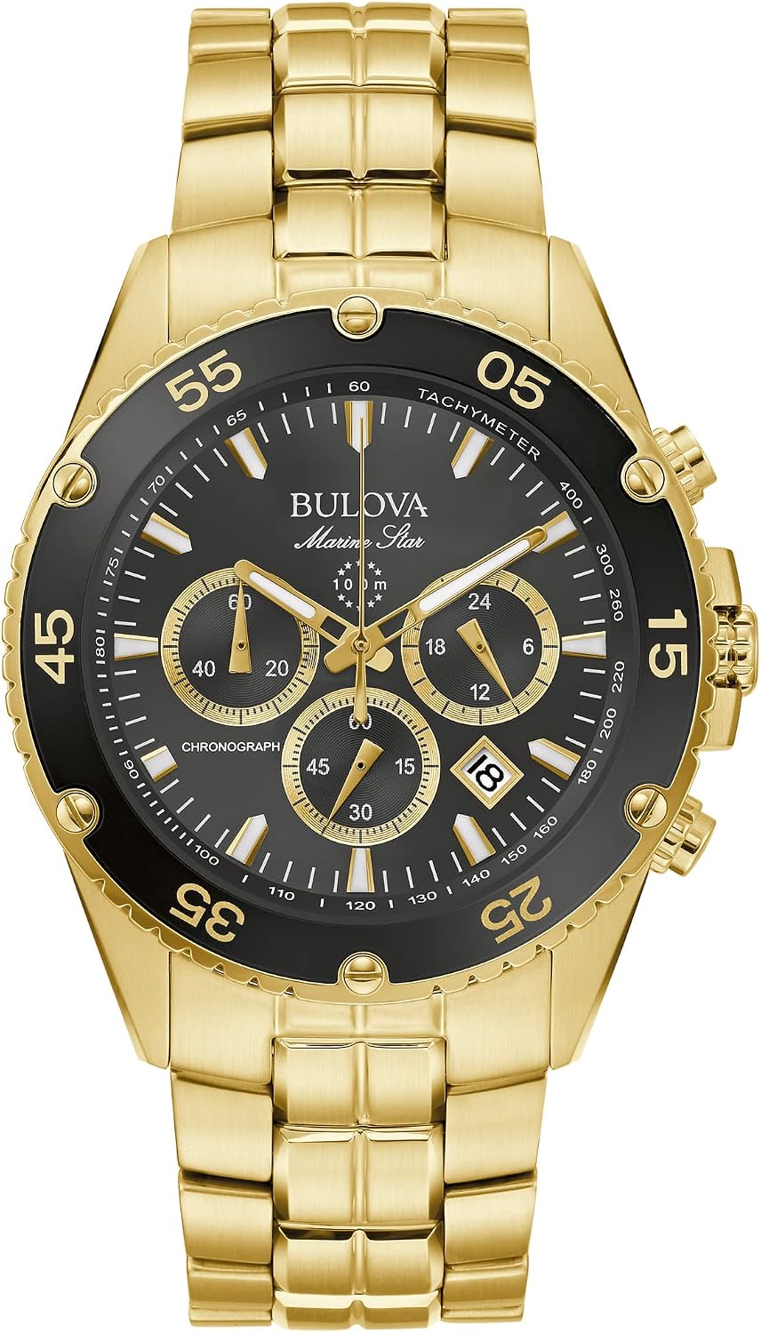 HOTBulova Men's Marine Star Gold Chronograph Stainless Steel Watch, Black Dial Style: 98B406