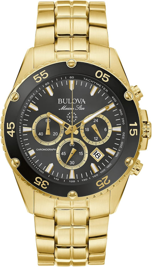 HOTBulova Men's Marine Star Gold Chronograph Stainless Steel Watch, Black Dial Style: 98B406