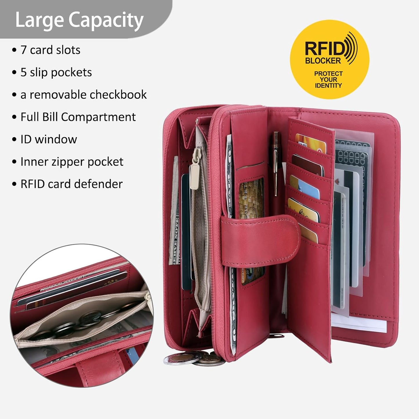 HOTJulia Buxton Heiress Women's RFID Blocking Checkbook Leather Wallet with Zipper, Multiple Card Slots & ID Window, Gift Idea, Red