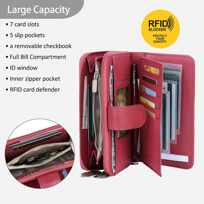 HOTJulia Buxton Heiress Women's RFID Blocking Checkbook Leather Wallet with Zipper, Multiple Card Slots & ID Window, Gift Idea, Red