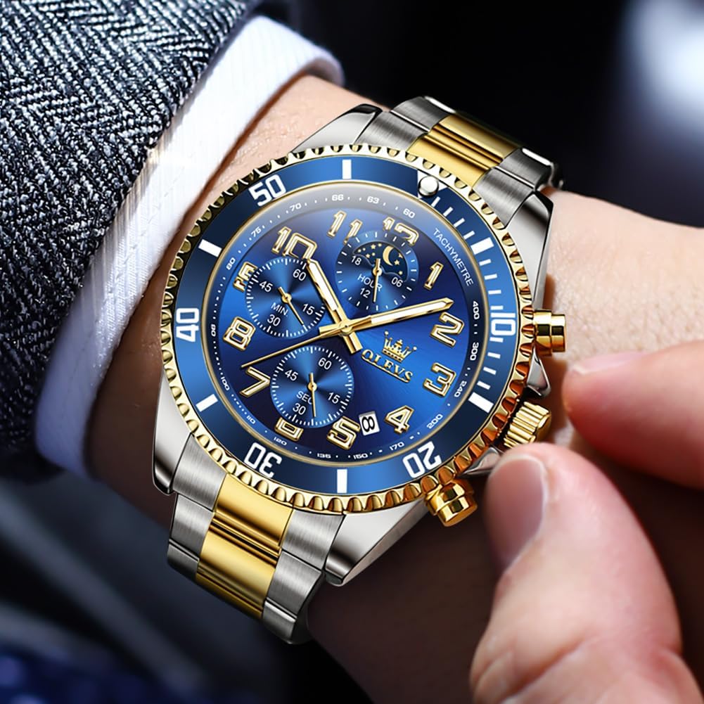 HOTOLEVS Mens Watches Chronograph Luxury Dress Moon Phase Two Tone Stainless Steel Waterproof Luminous Business Calendar Wrist Watch